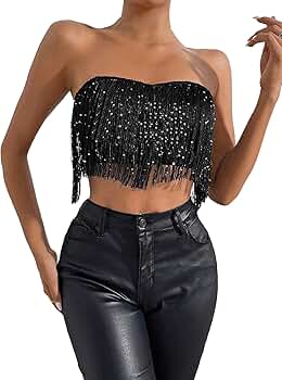 トップス nuyuh fringe over bustier OYOANGLE Women's Sequin Fringe Tassel Trim Strapless Crop
